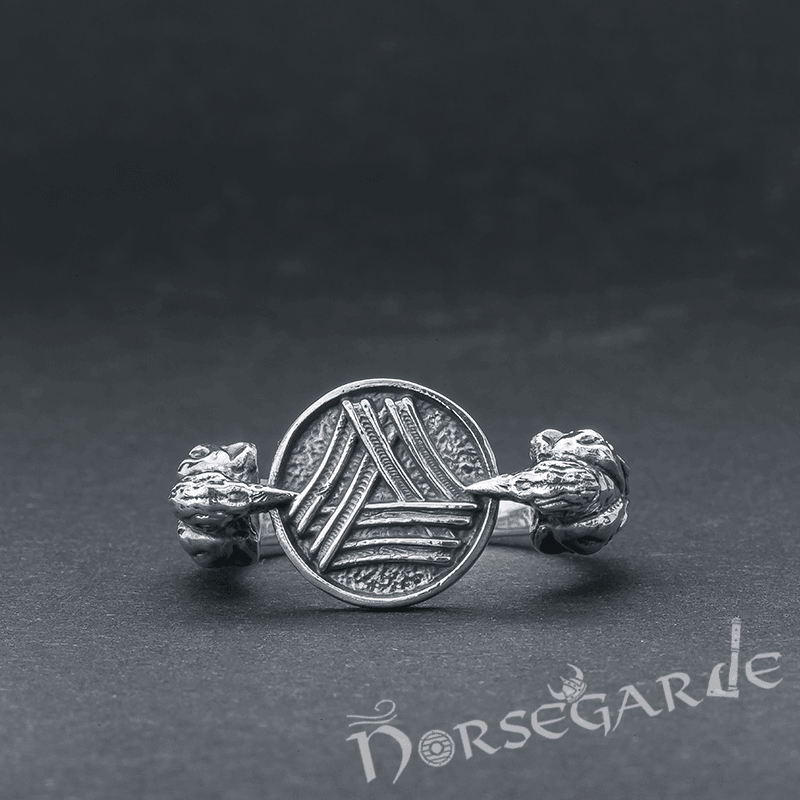 Handcrafted Odin Ravens and Valknut Ring - Sterling Silver