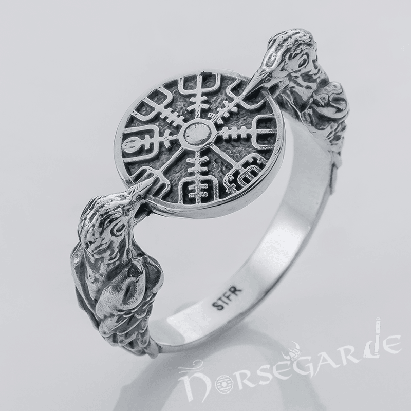 Handcrafted Odin Ravens and Vegvisir Ring - Sterling Silver