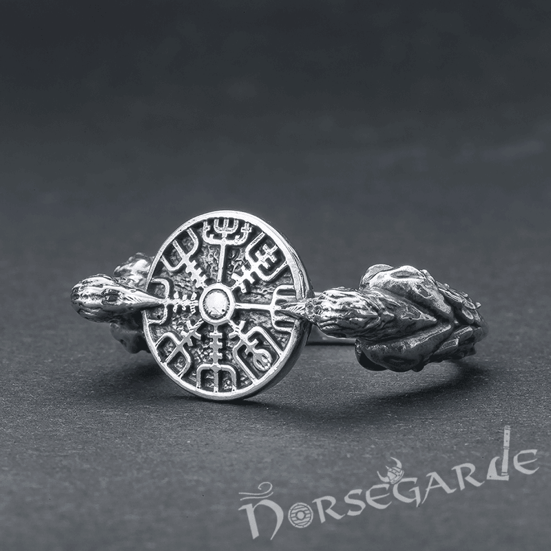 Handcrafted Odin Ravens and Vegvisir Ring - Sterling Silver