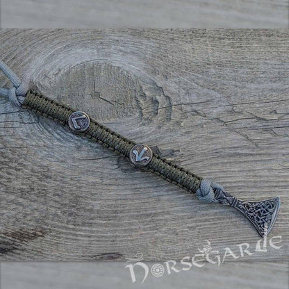 Handcrafted Olive Paracord Bracelet with Axe Head and Rune - Ruthenium Plated Sterling Silver