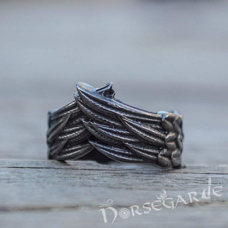 Handcrafted Raven Wing Ring - Ruthenium Plated Sterling Silver