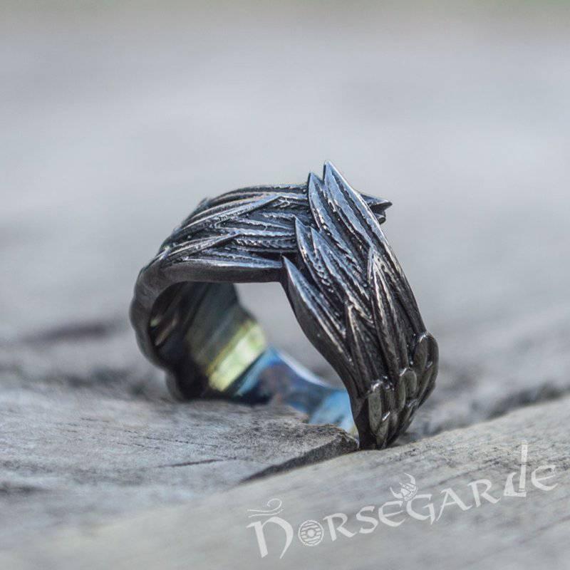 Handcrafted Raven Wing Ring - Ruthenium Plated Sterling Silver