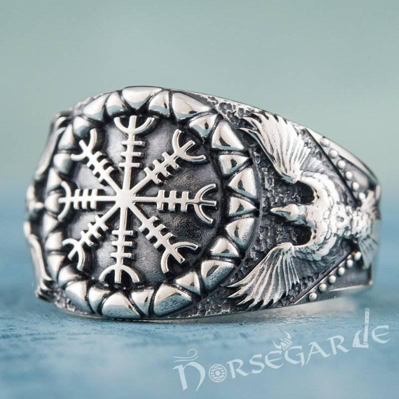 Handcrafted Ravens and Helm of Awe Ring - Sterling Silver
