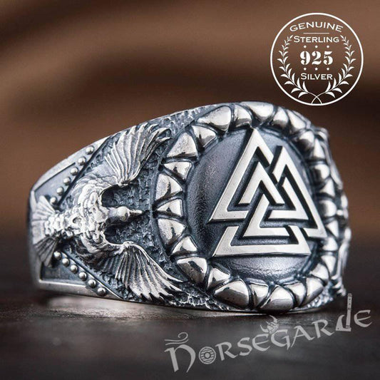 Handcrafted Ravens and Valknut Ring - Sterling Silver