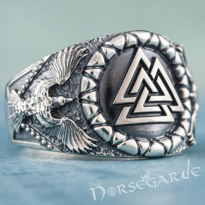 Handcrafted Ravens and Valknut Ring - Sterling Silver