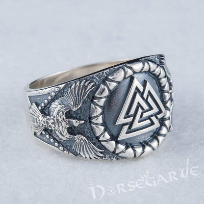 Handcrafted Ravens and Valknut Ring - Sterling Silver