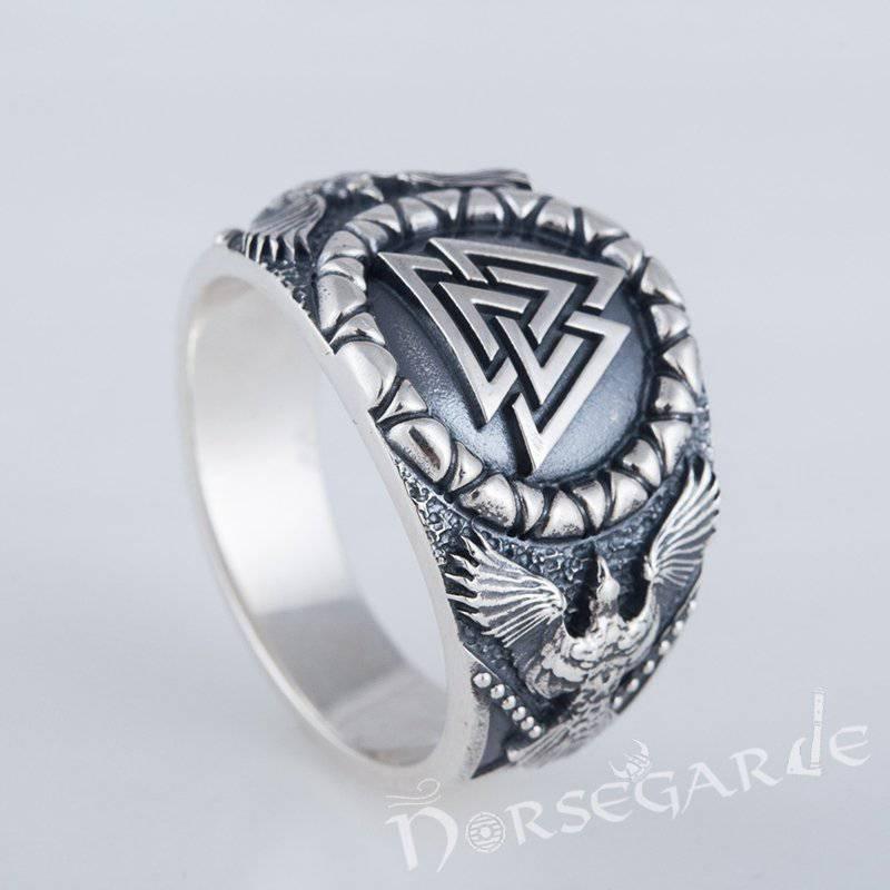 Handcrafted Ravens and Valknut Ring - Sterling Silver