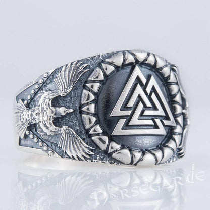 Handcrafted Ravens and Valknut Ring - Sterling Silver