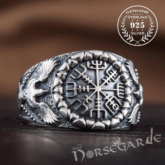 Handcrafted Ravens and Vegvisir Ring - Sterling Silver
