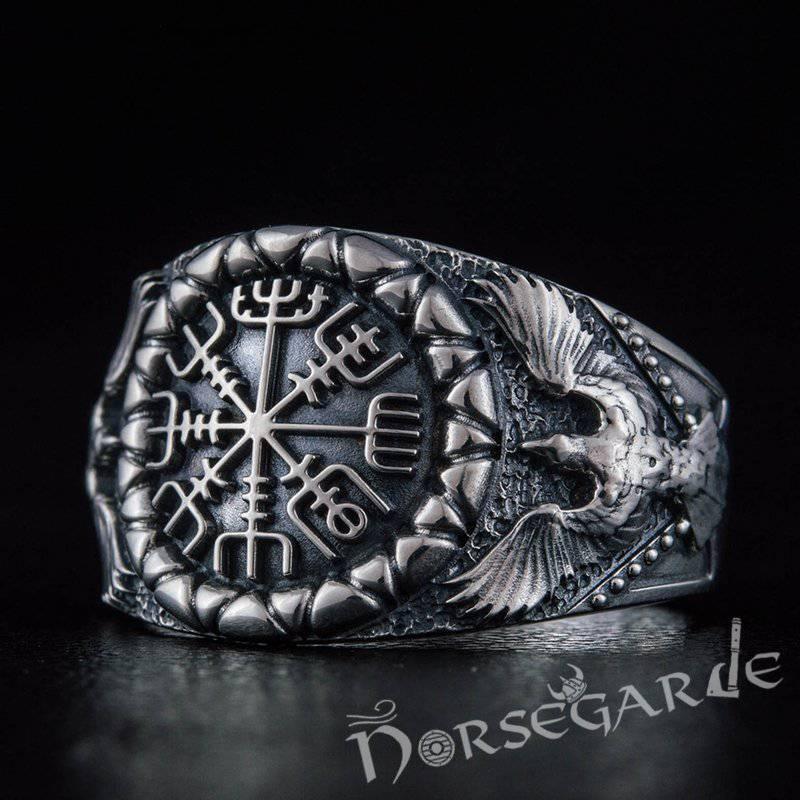 Handcrafted Ravens and Vegvisir Ring - Sterling Silver