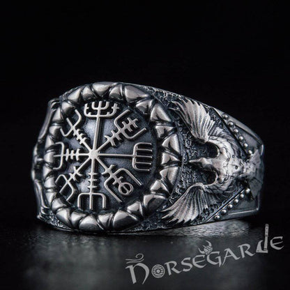 Handcrafted Ravens and Vegvisir Ring - Sterling Silver