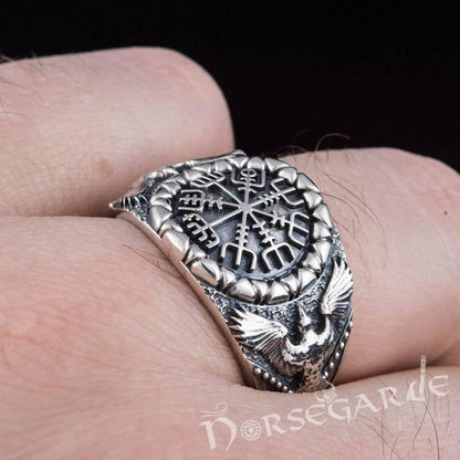 Handcrafted Ravens and Vegvisir Ring - Sterling Silver