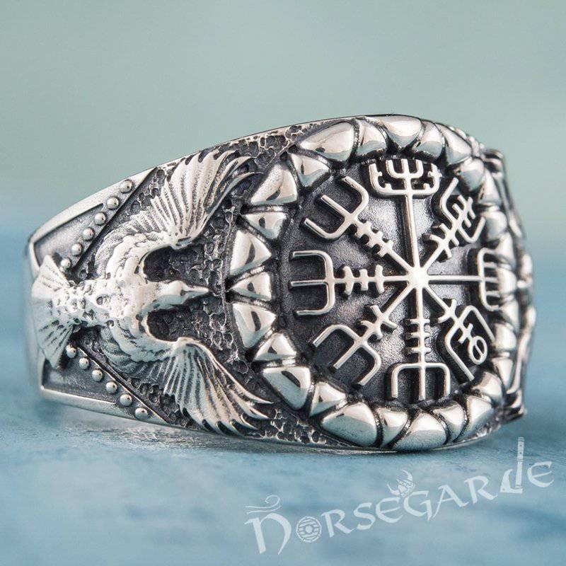 Handcrafted Ravens and Vegvisir Ring - Sterling Silver
