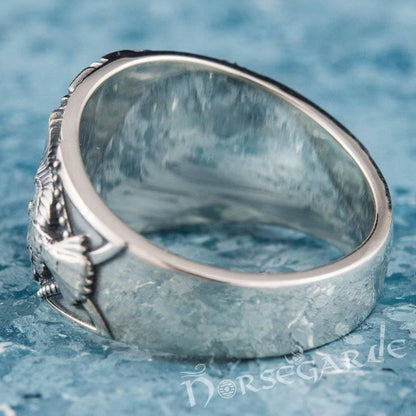 Handcrafted Ravens and Vegvisir Ring - Sterling Silver