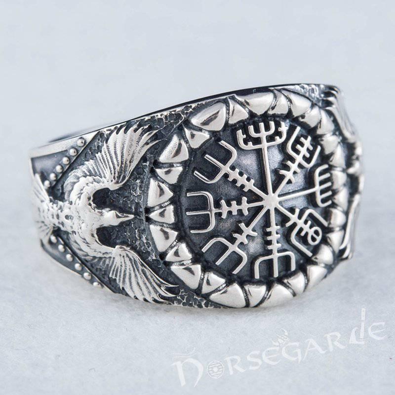 Handcrafted Ravens and Vegvisir Ring - Sterling Silver