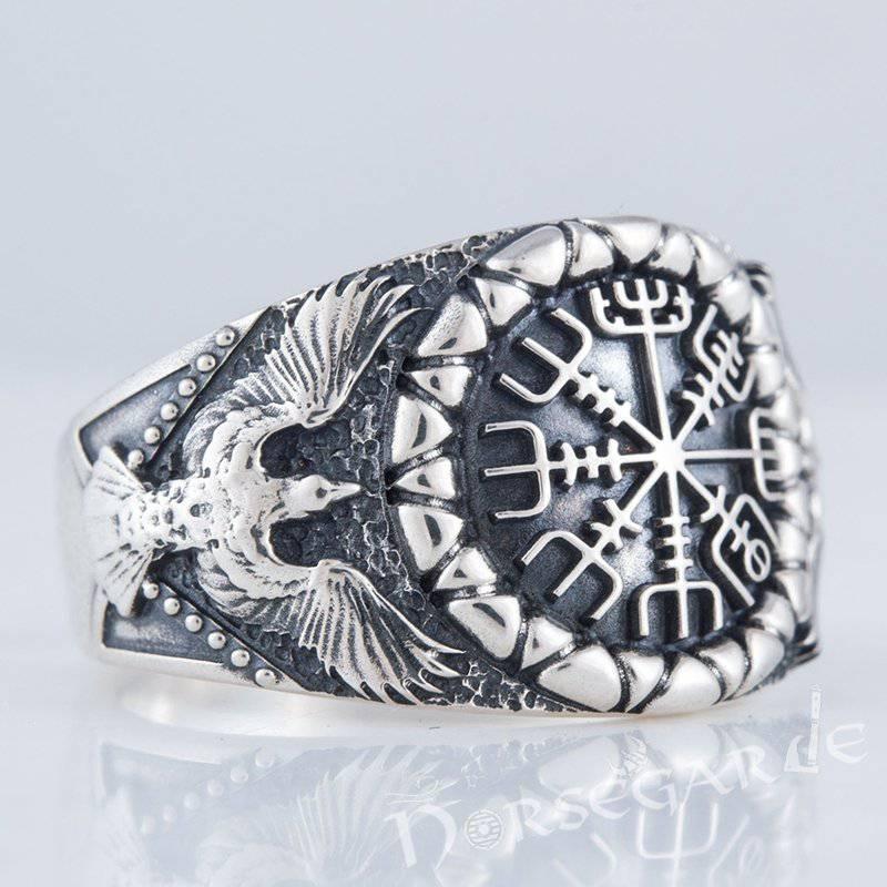 Handcrafted Ravens and Vegvisir Ring - Sterling Silver