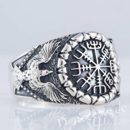 Handcrafted Ravens and Vegvisir Ring - Sterling Silver
