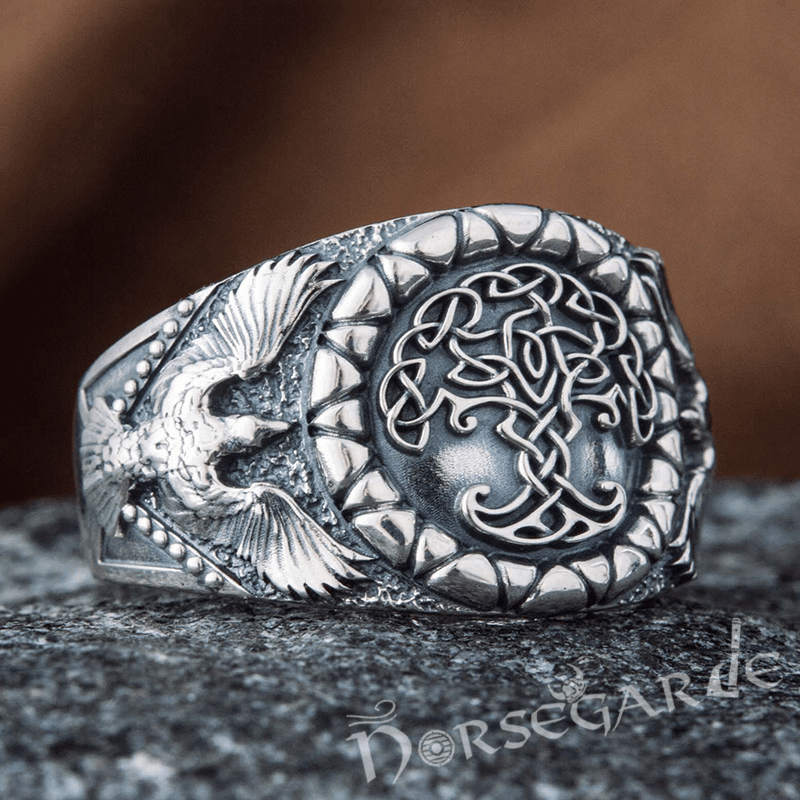 Handcrafted Ravens and Yggdrasil Ring - Sterling Silver