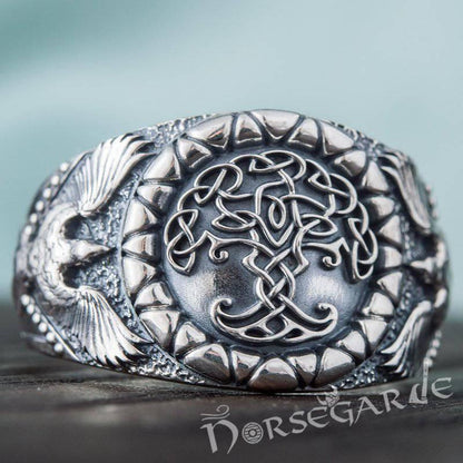Handcrafted Ravens and Yggdrasil Ring - Sterling Silver