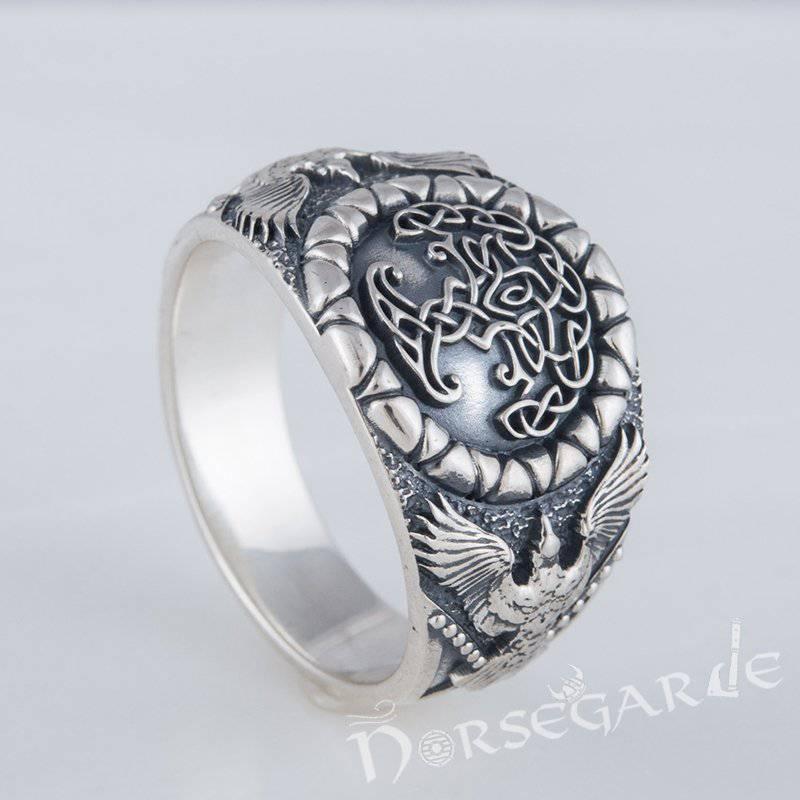 Handcrafted Ravens and Yggdrasil Ring - Sterling Silver