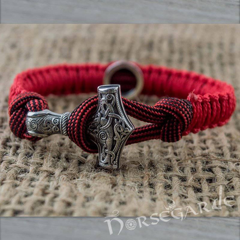 Handcrafted Red Paracord Bracelet with Mjölnir and Rune - Sterling Silver