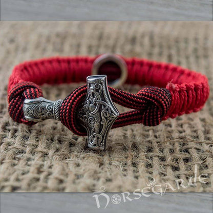 Handcrafted Red Paracord Bracelet with Mjölnir and Rune - Sterling Silver