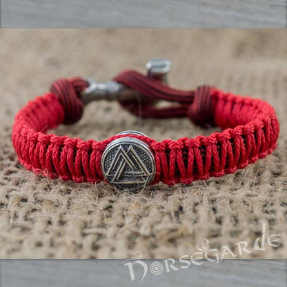 Handcrafted Red Paracord Bracelet with Mjölnir and Rune - Sterling Silver