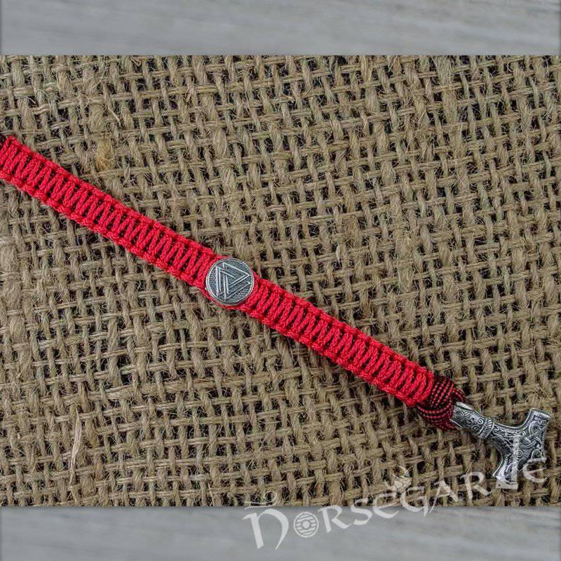 Handcrafted Red Paracord Bracelet with Mjölnir and Rune - Sterling Silver
