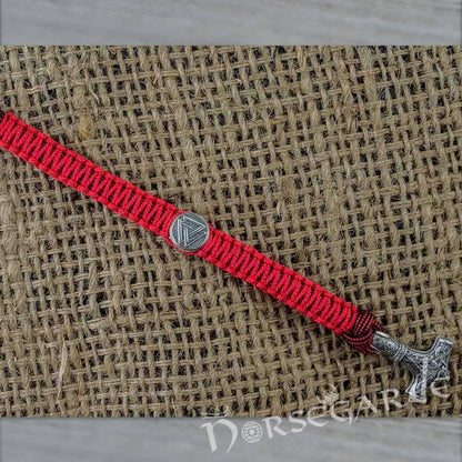 Handcrafted Red Paracord Bracelet with Mjölnir and Rune - Sterling Silver