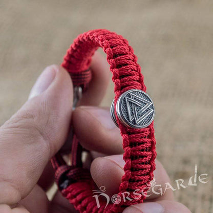 Handcrafted Red Paracord Bracelet with Mjölnir and Rune - Sterling Silver