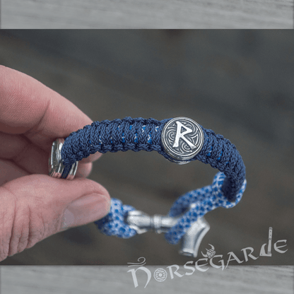 Handcrafted River Paracord Bracelet with Mjölnir and Runes - Sterling Silver