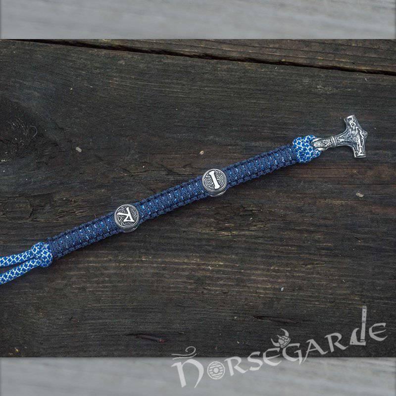 Handcrafted River Paracord Bracelet with Mjölnir and Runes - Sterling Silver