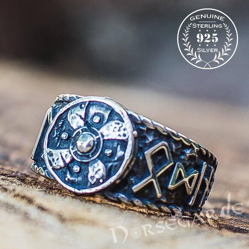 Handcrafted Runes and Shield Band - Sterling Silver
