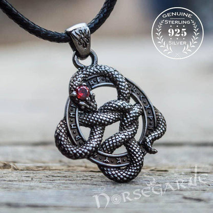 Handcrafted Runic Coiled Jormungandr Pendant - Ruthenium Plated Sterling Silver