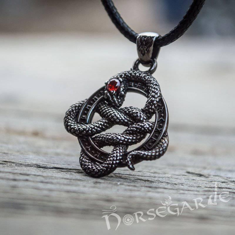 Handcrafted Runic Coiled Jormungandr Pendant - Ruthenium Plated Sterling Silver