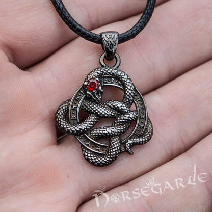 Handcrafted Runic Coiled Jormungandr Pendant - Ruthenium Plated Sterling Silver