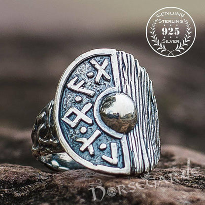 Handcrafted Runic Shield Signet Ring - Sterling Silver