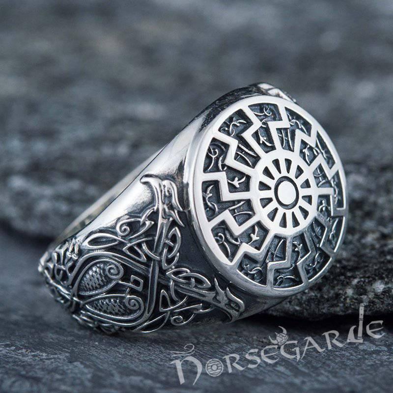 Handcrafted Sunwheel Viking Ornament Ring - Sterling Silver