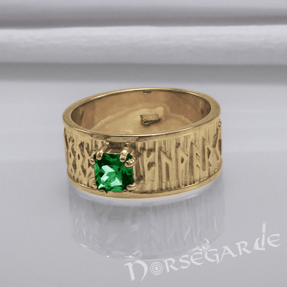 Handcrafted Thick Elder Futhark Band - Gold with Emerald