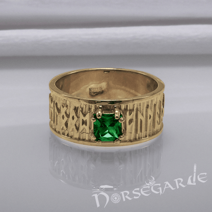Handcrafted Thick Elder Futhark Band - Gold with Emerald