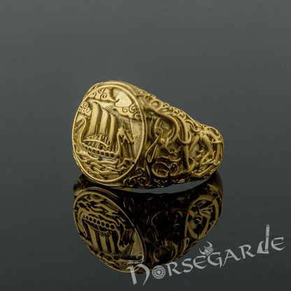 Handcrafted Urnes Style Drakkar Ring - Gold