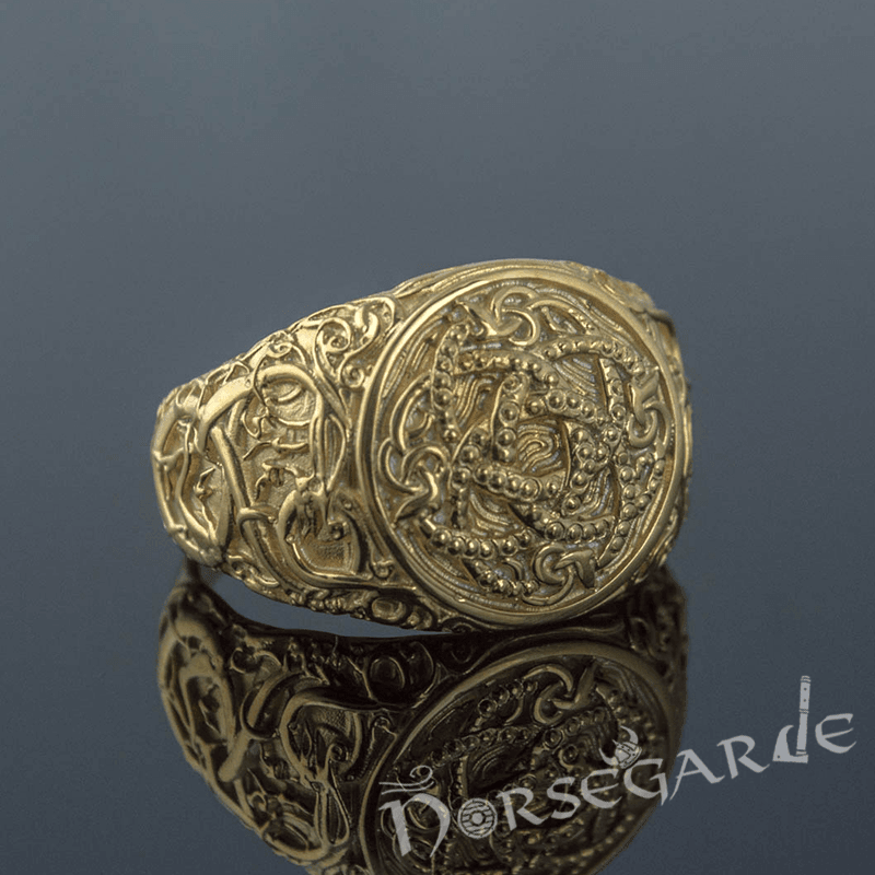 Handcrafted Urnes Style Jormungandr Ring - Gold