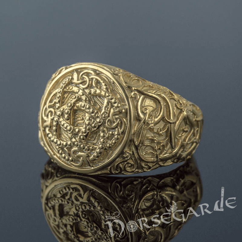 Handcrafted Urnes Style Jormungandr Ring - Gold