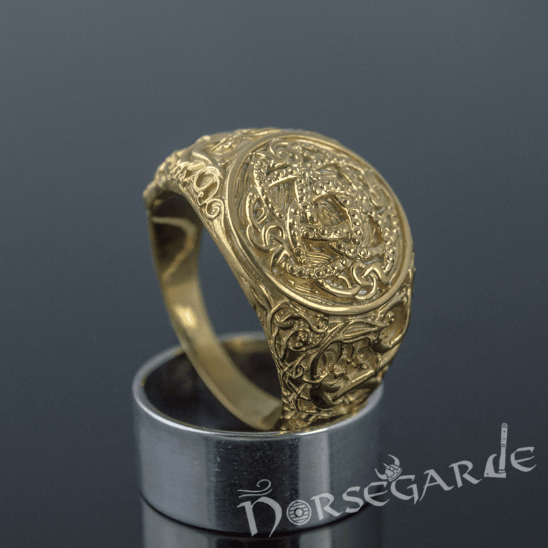 Handcrafted Urnes Style Jormungandr Ring - Gold