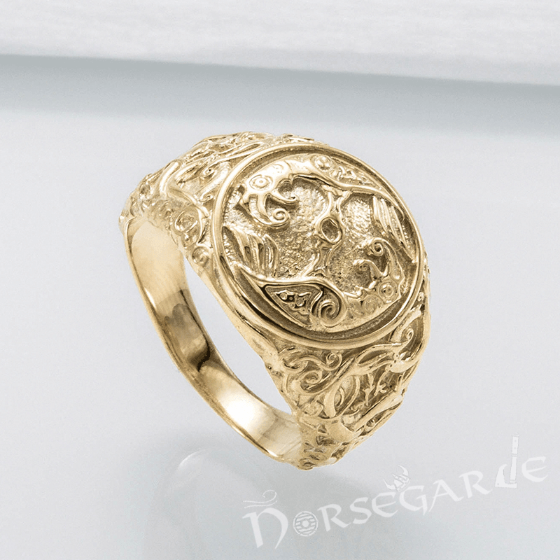 Handcrafted Urnes Style Ravens Ring - Gold