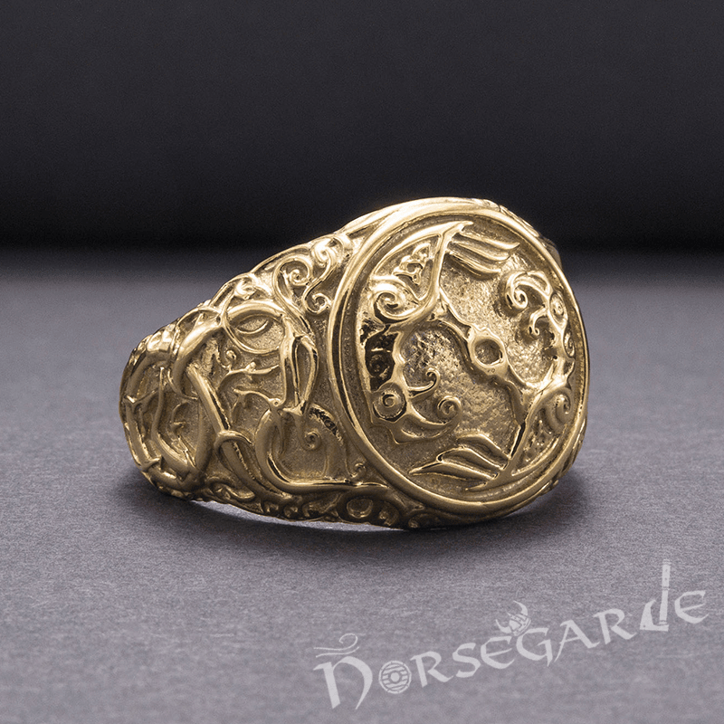 Handcrafted Urnes Style Ravens Ring - Gold