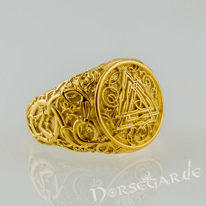 Handcrafted Urnes Style Valknut Ring - Gold