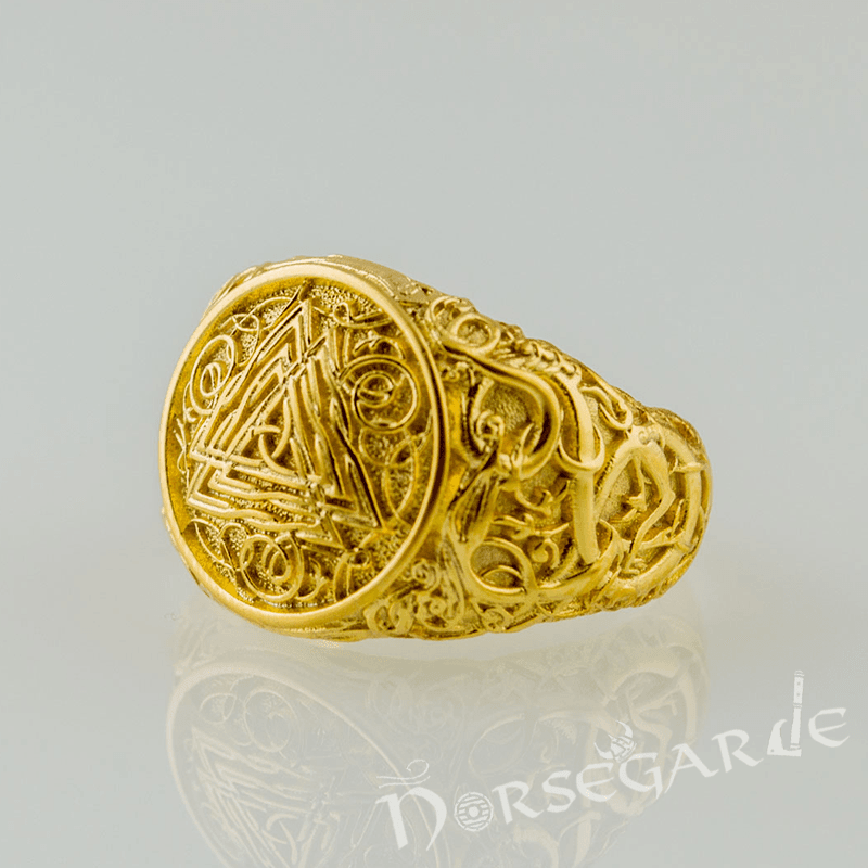 Handcrafted Urnes Style Valknut Ring - Gold