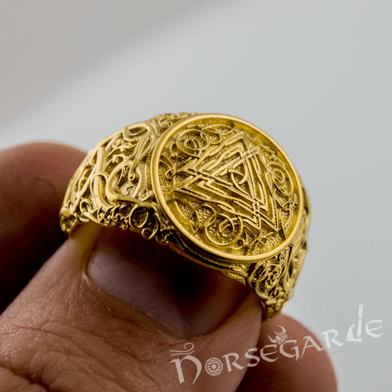 Handcrafted Urnes Style Valknut Ring - Gold