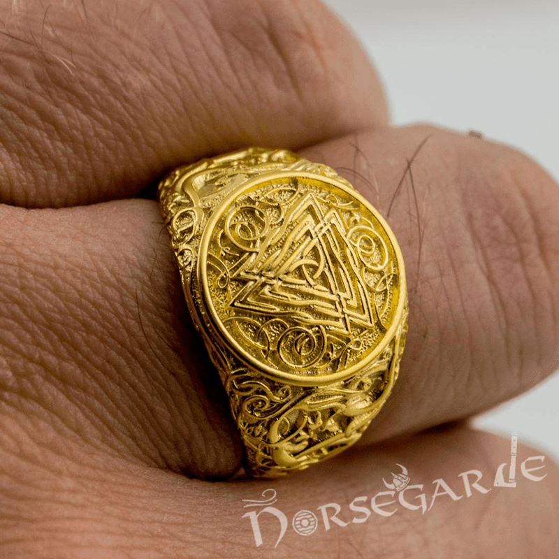 Handcrafted Urnes Style Valknut Ring - Gold